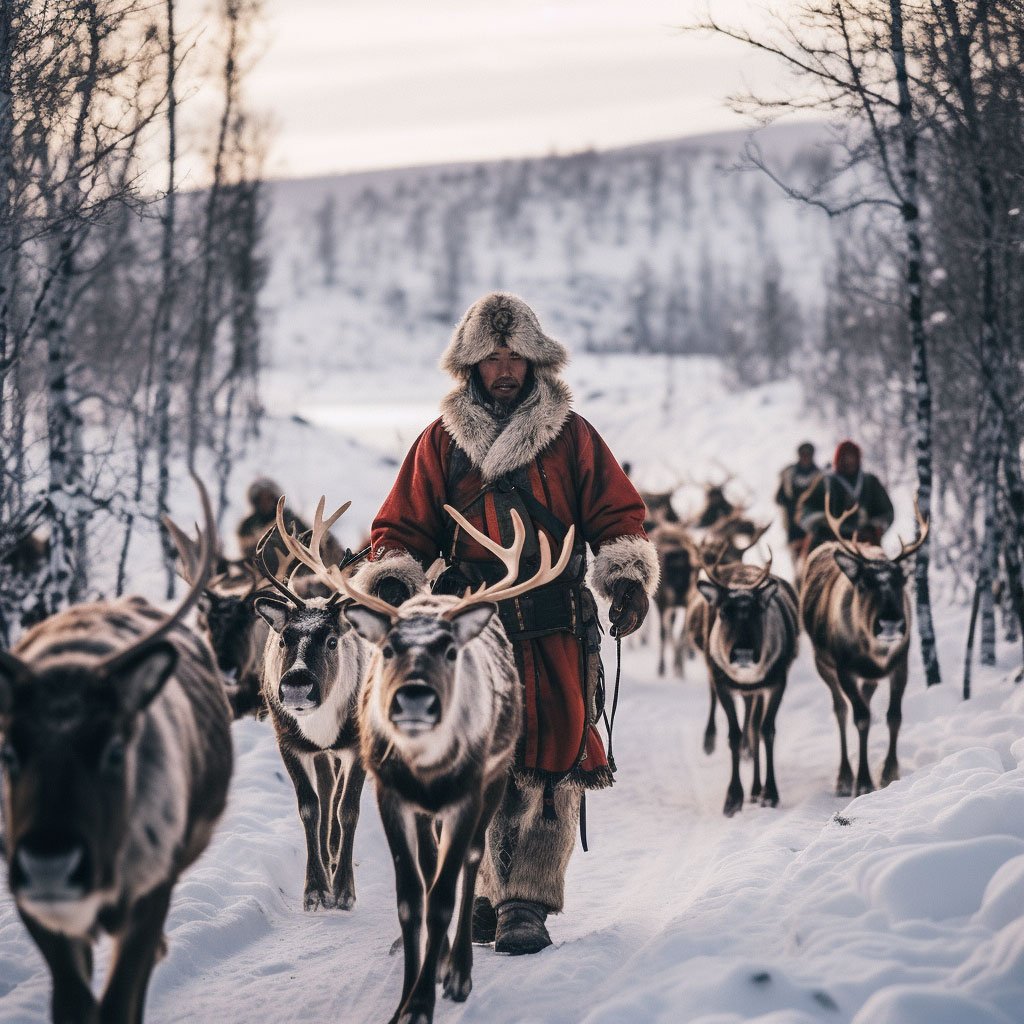 Sámi herders with their reindeer herd.