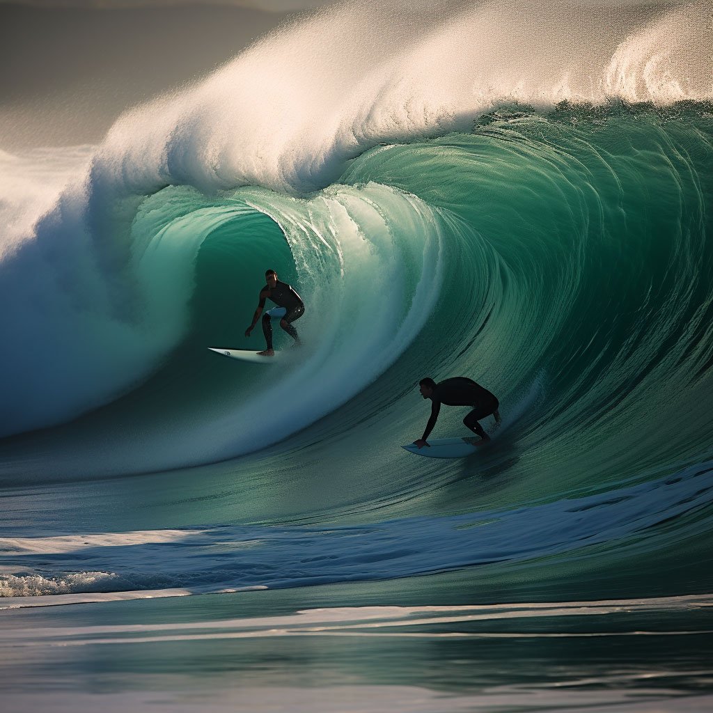 Surfers tackling waves on Bells Beach