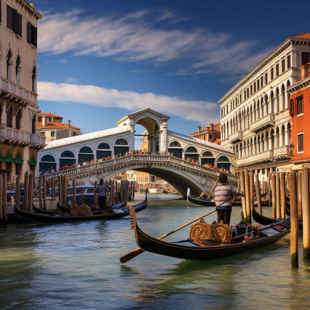 The Rialto Bridge with gondolas on the Grand Canal.