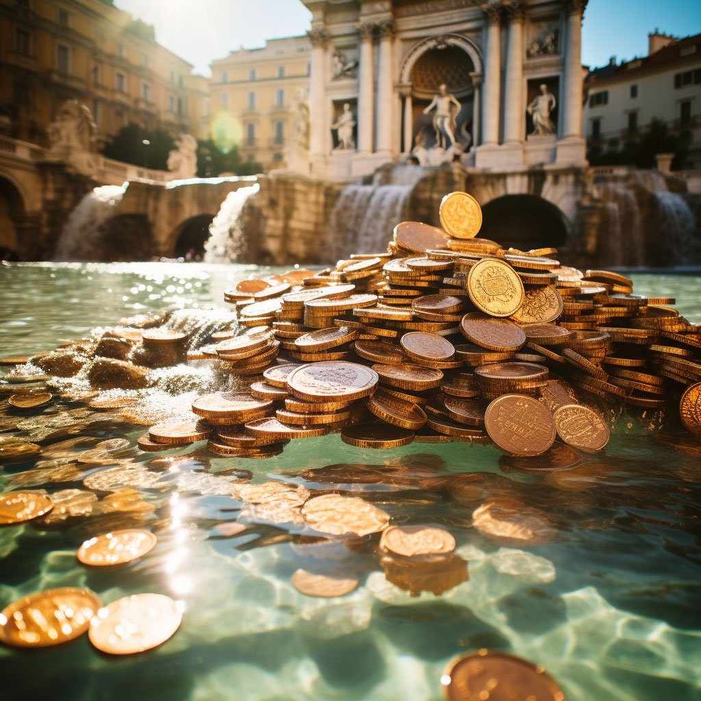 The Trevi Fountain with coins shimmering in the water.