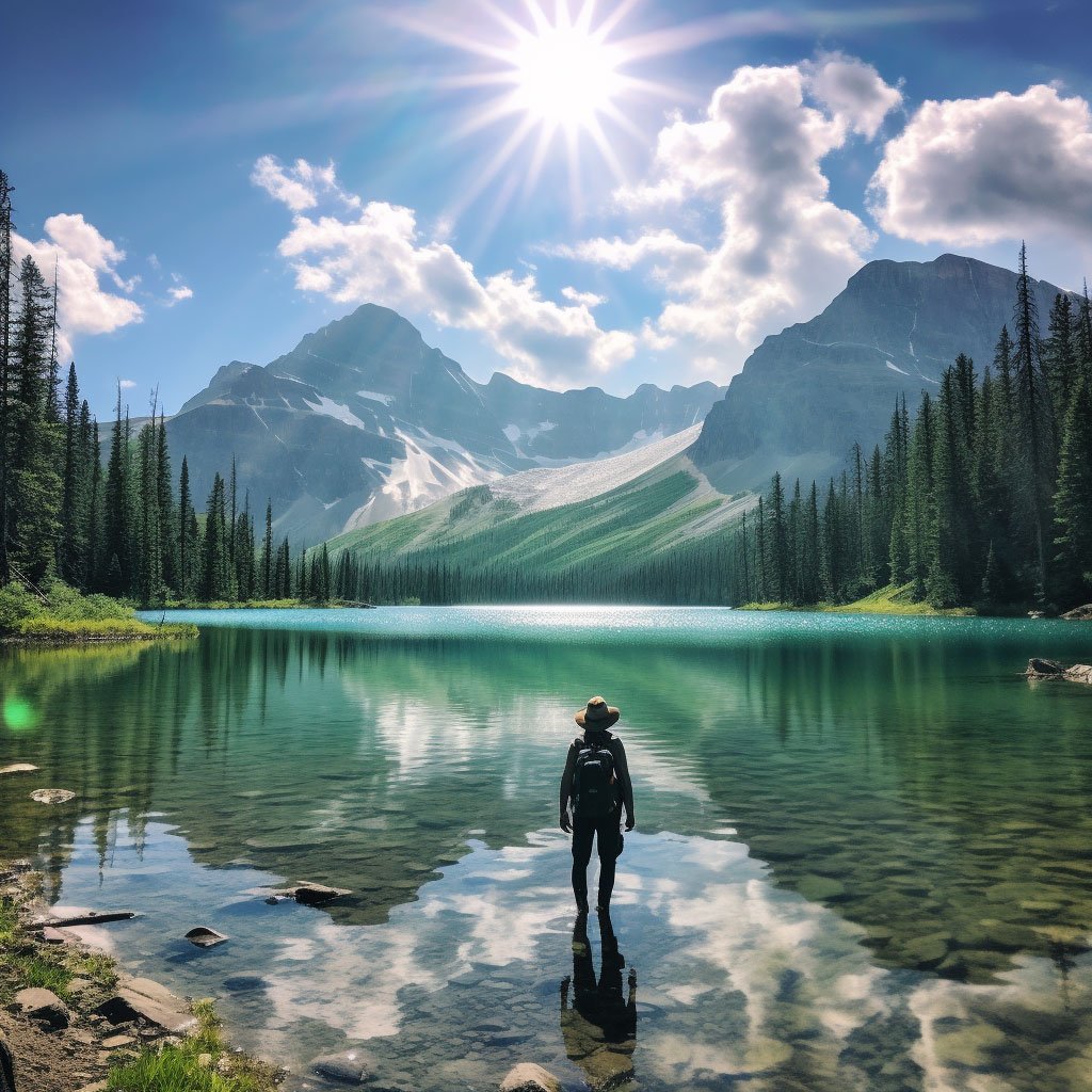 An image that captures the spirit of adventure in Canada's natural landscapes, such as a hiker on a Marvel Lake in Kananaskis.