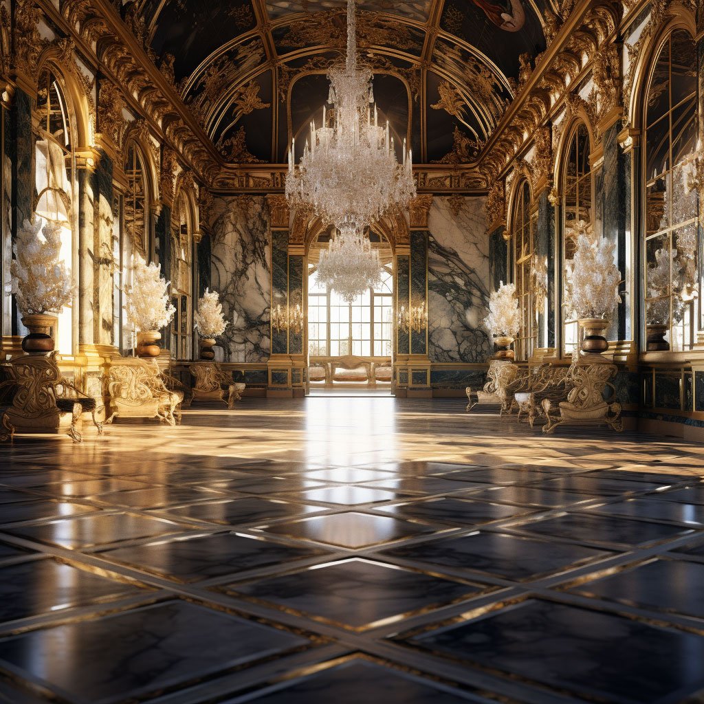 Versailles palace interior at paris, in the style of dark brown and gold, mirrored realms.
