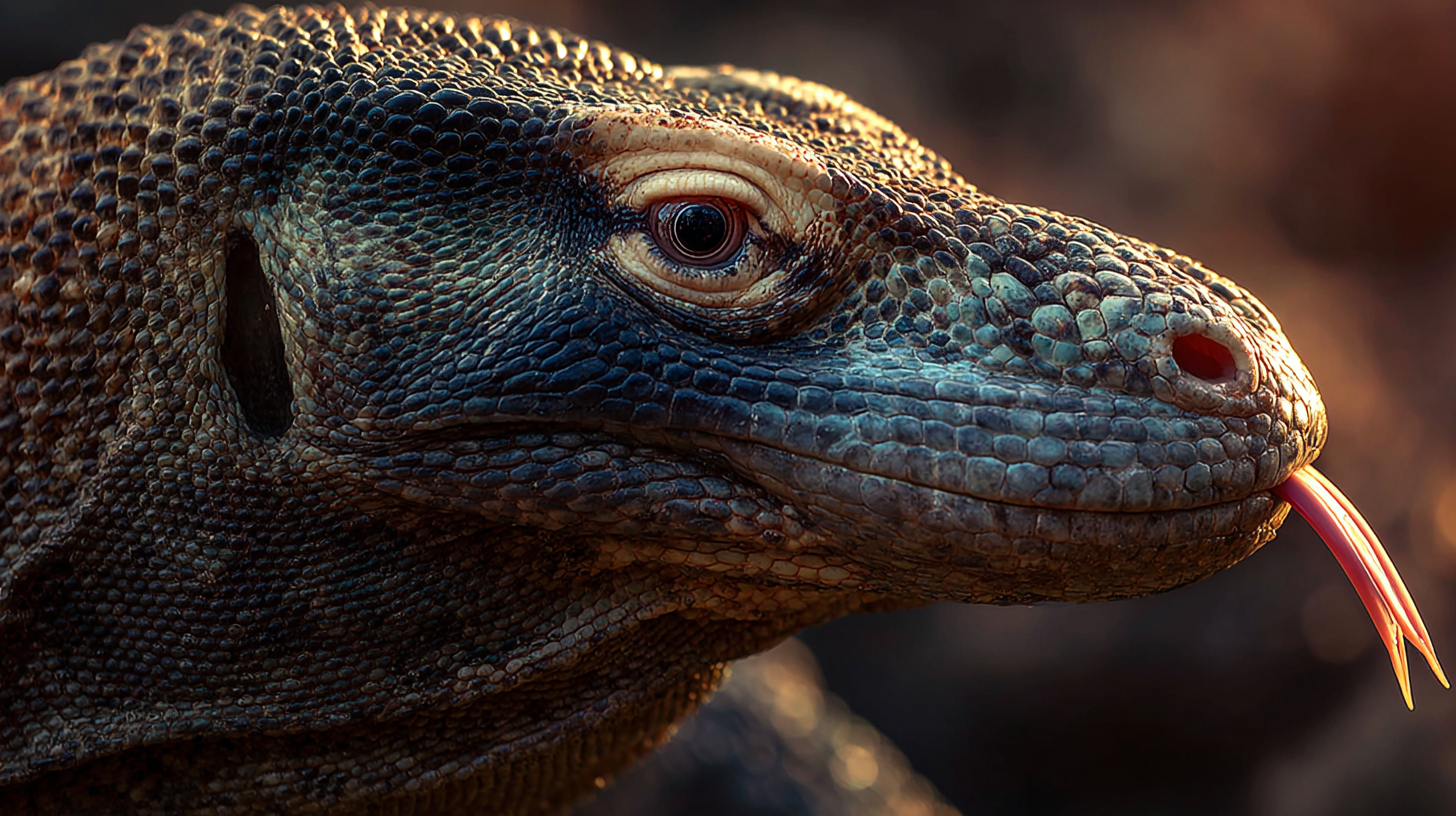 Detailed close-up of a Komodo dragon’s scales and tongue.