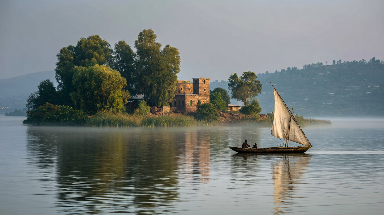 A papyrus boat heading toward a forested monastery island on Lake Tana.