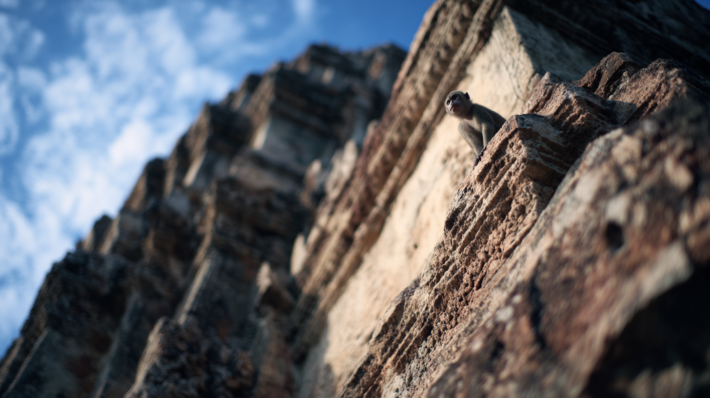 Close-up of Khmer tower stone with faint monkey silhouette.