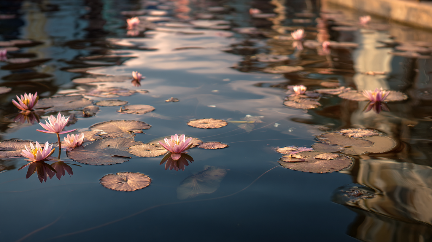 Close-up of lotus petals floating on softly lit canal water.