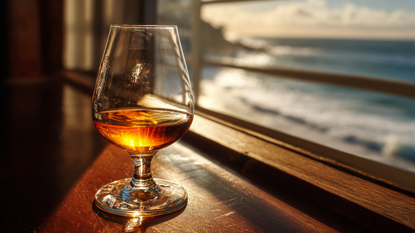 Close-up of an amber glass of Madeira wine.