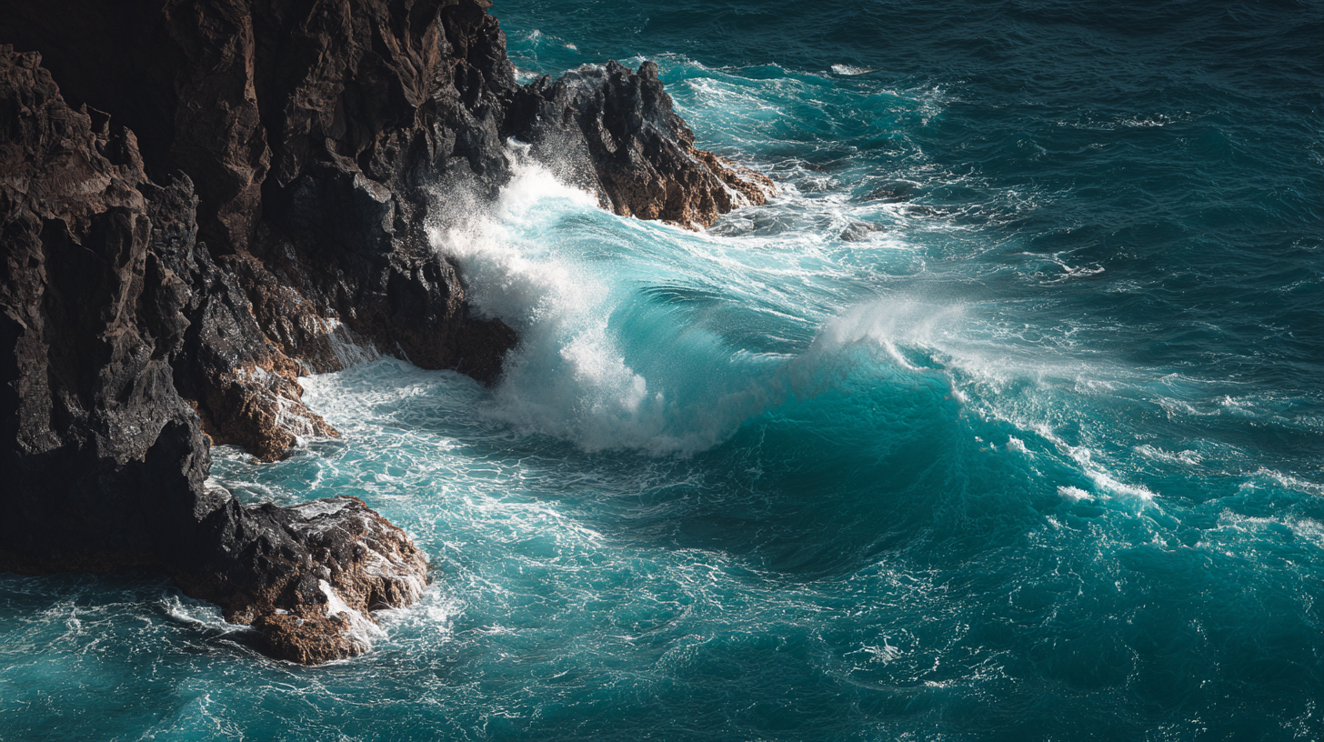 Surfer riding a wave near basalt cliffs in Madeira.