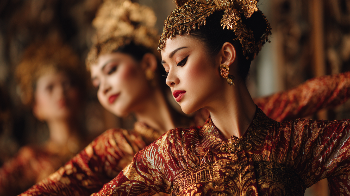 Traditional Javanese performers in soft golden light, symbolizing the cultural richness of the Majapahit era.