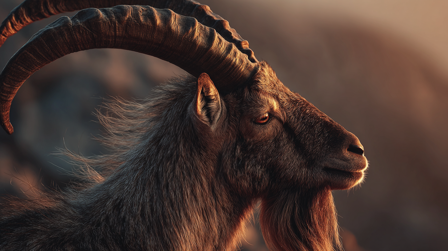 Close-up of a markhor or ibex on a rocky ledge.