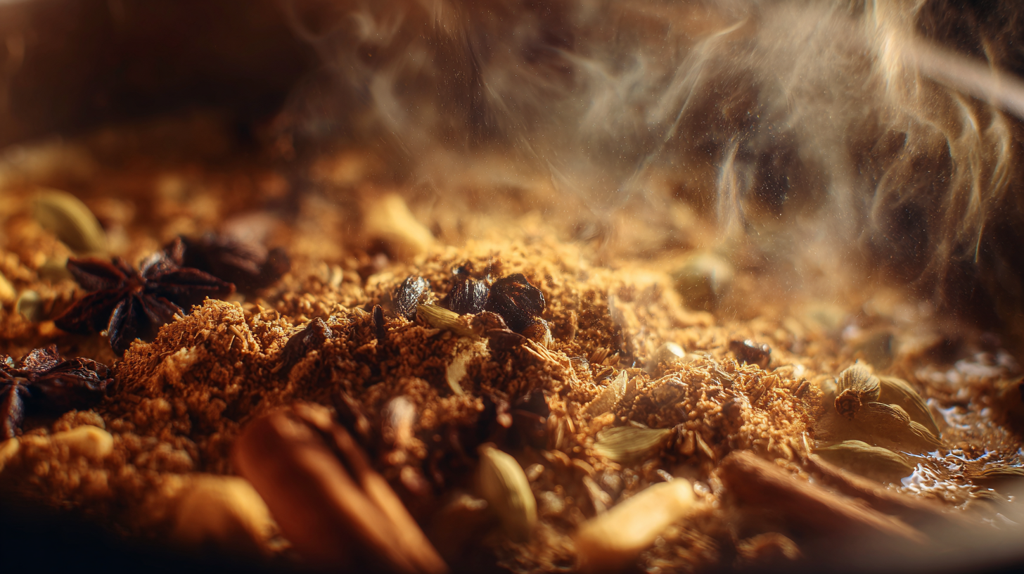 Close-up of spices being added to boiling masala chai.