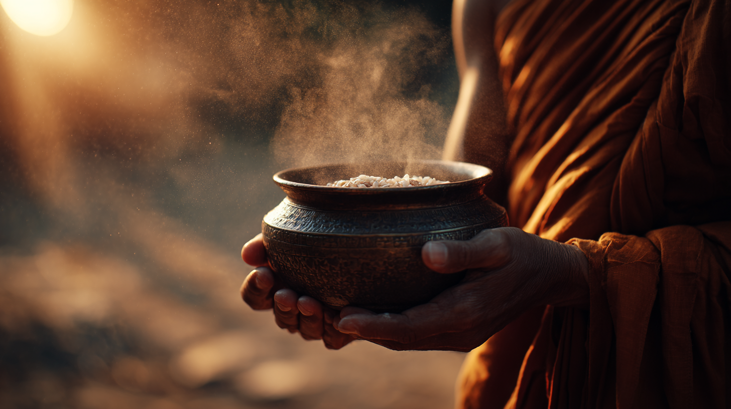 Close-up of offering rice into a monk’s alms bowl at sunrise.