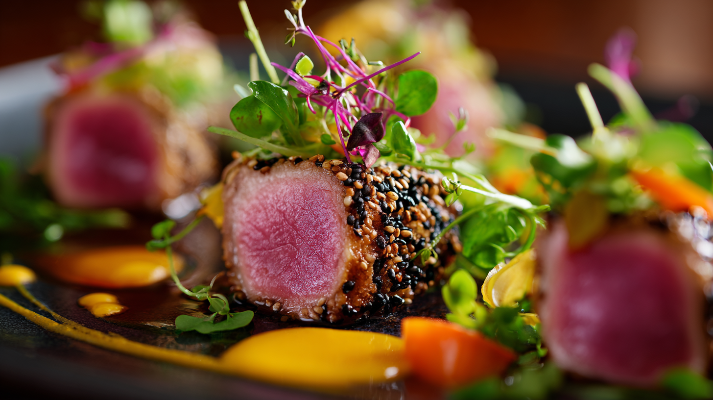 Close-up of modern Australian fusion dish with native herbs.