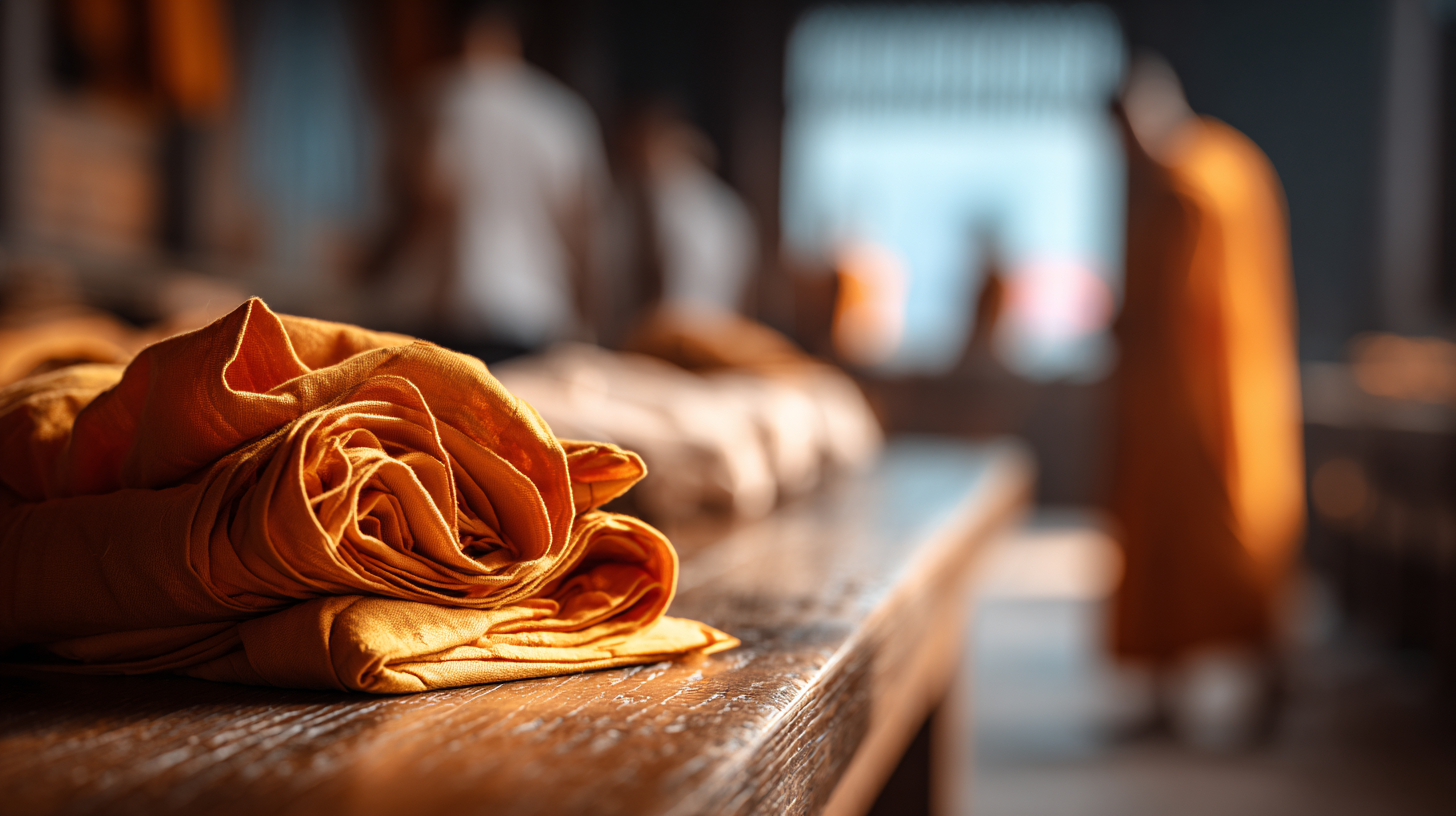 Close-up of folded saffron robes with soft morning light.