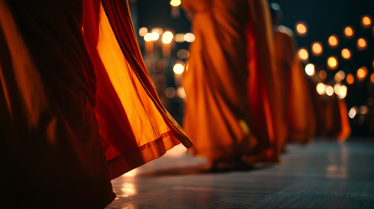 Close-up of saffron robes moving through lantern-lit evening ceremony.