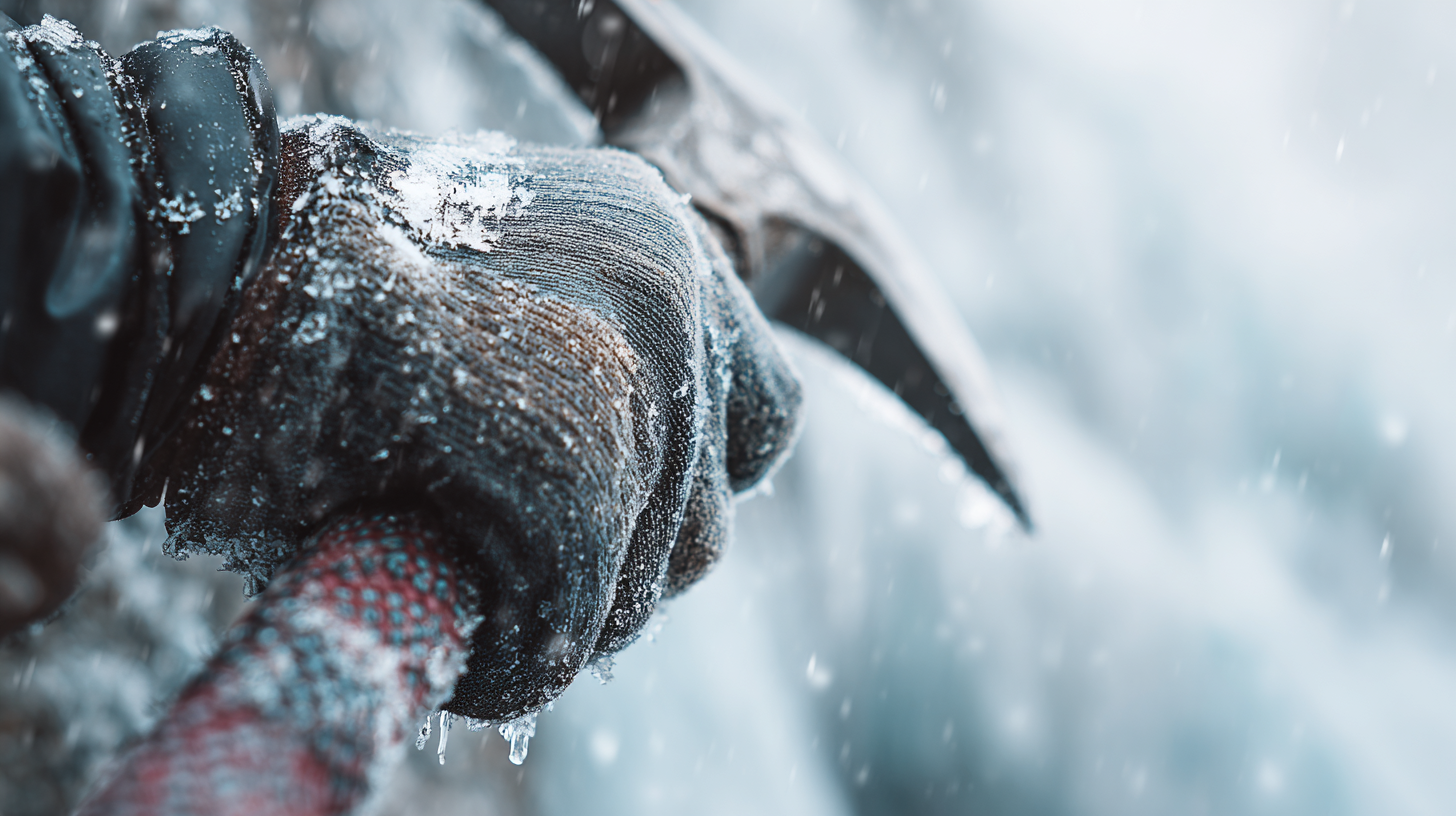 Close-up of a climber’s hand gripping an ice axe.