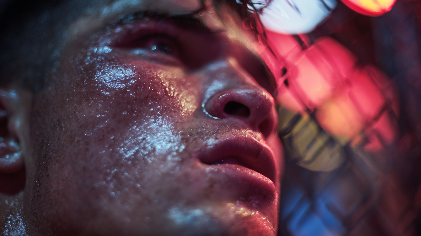 Close-up of a Muay Thai fighter resting in the corner between rounds.