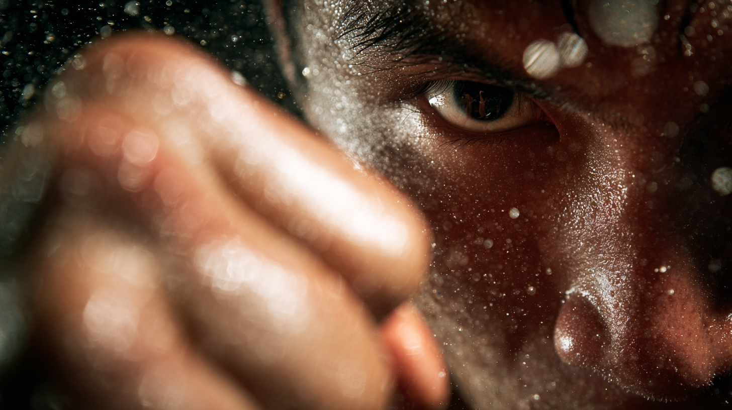 Close-up of a Muay Thai fighter throwing an elbow strike.