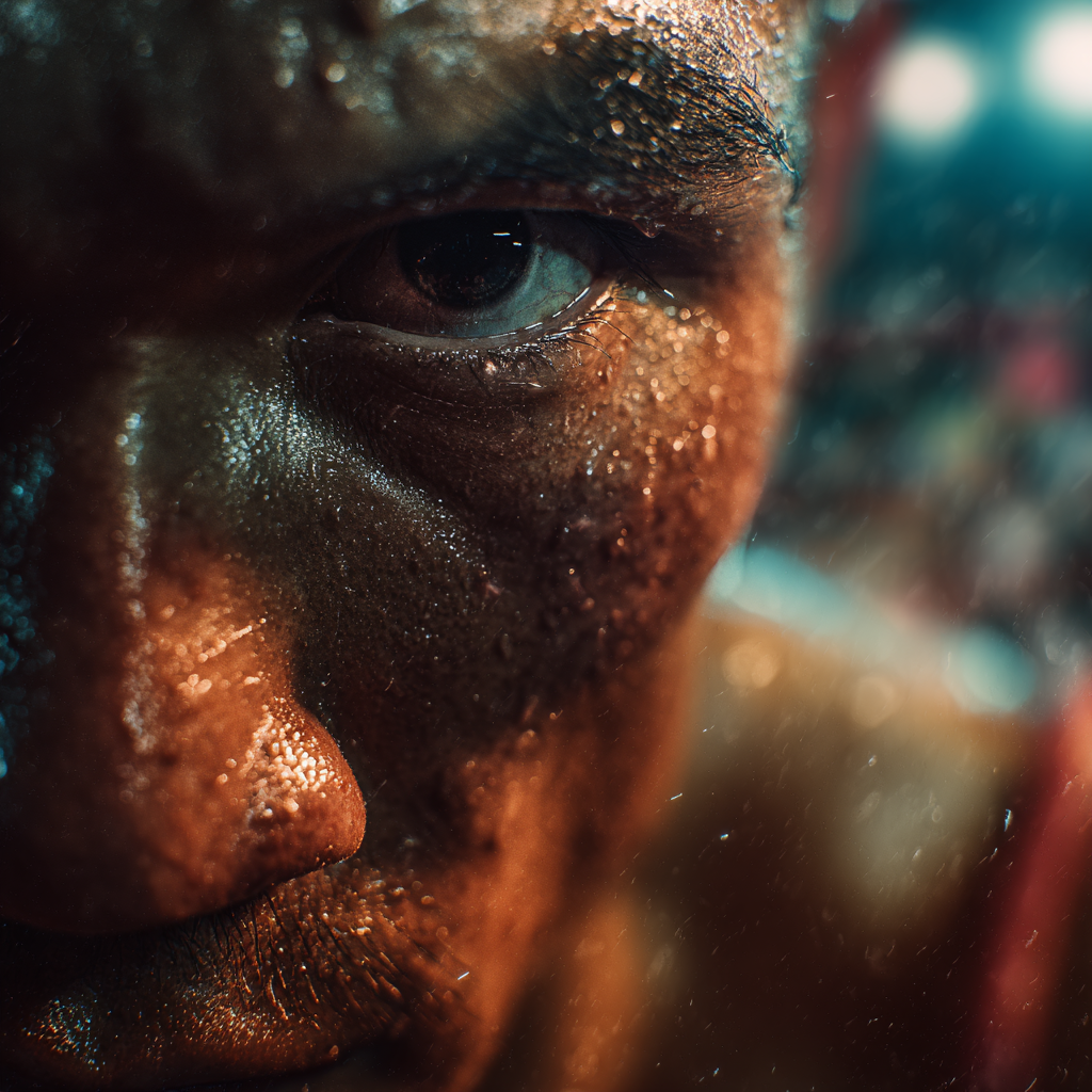 Close-up of a Muay Thai fighter’s intense expression during a match.