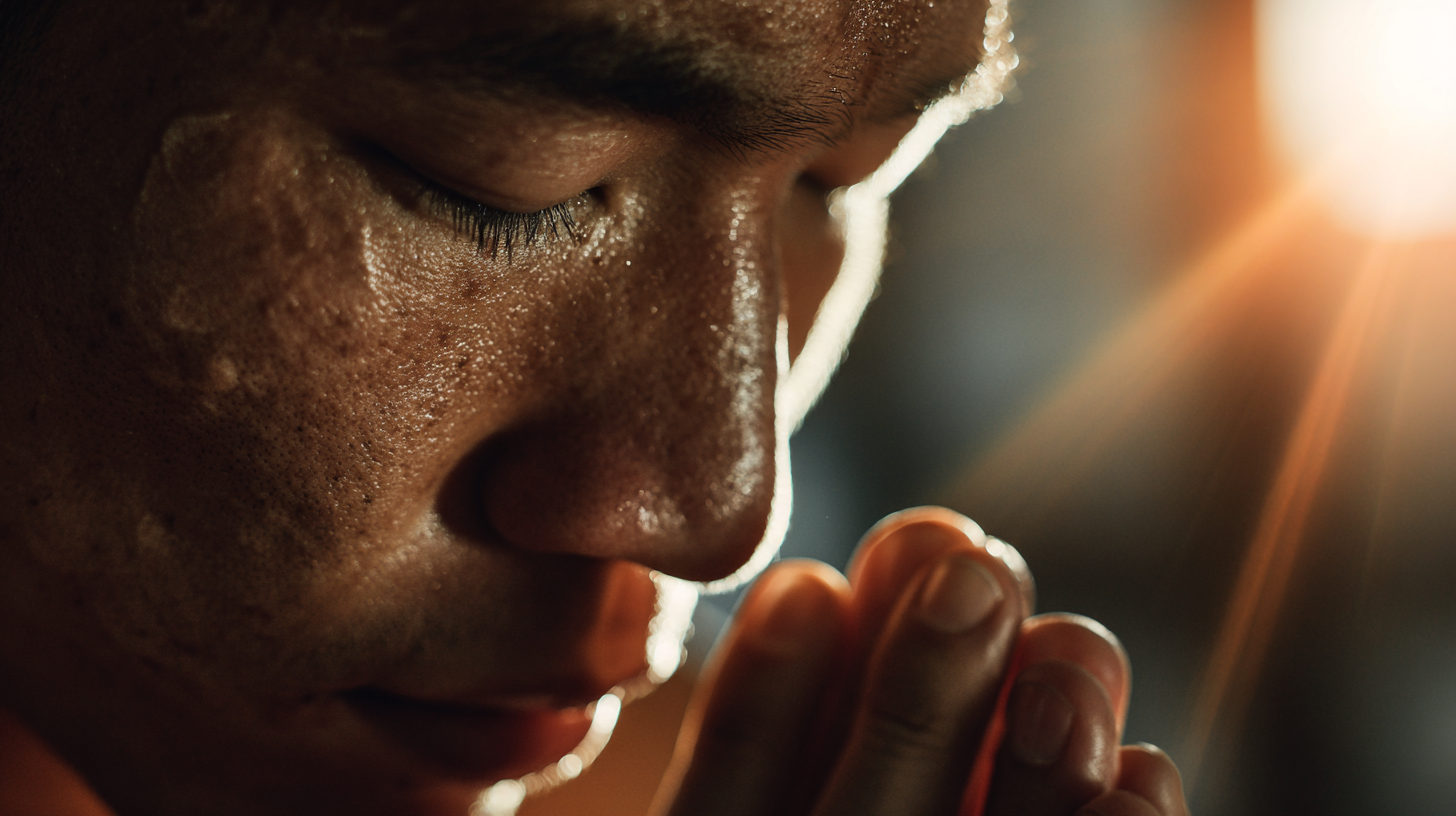 Close-up of a Muay Thai fighter meditating before training.