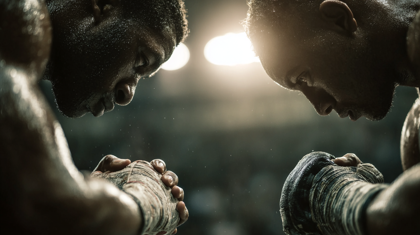 Close-up of Muay Thai fighters bowing to each other after a match.