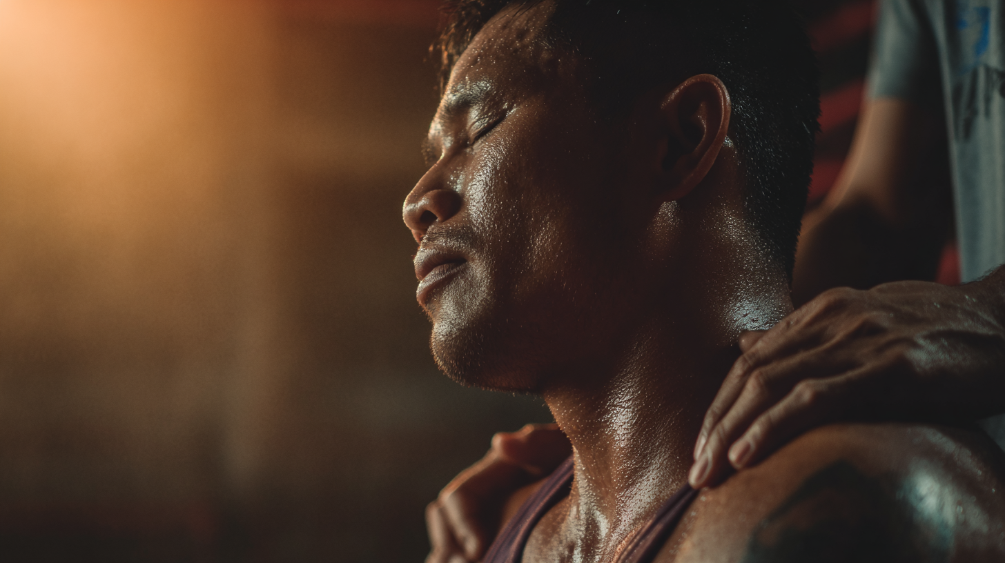 Close-up of a traveler training in a traditional Muay Thai gym.