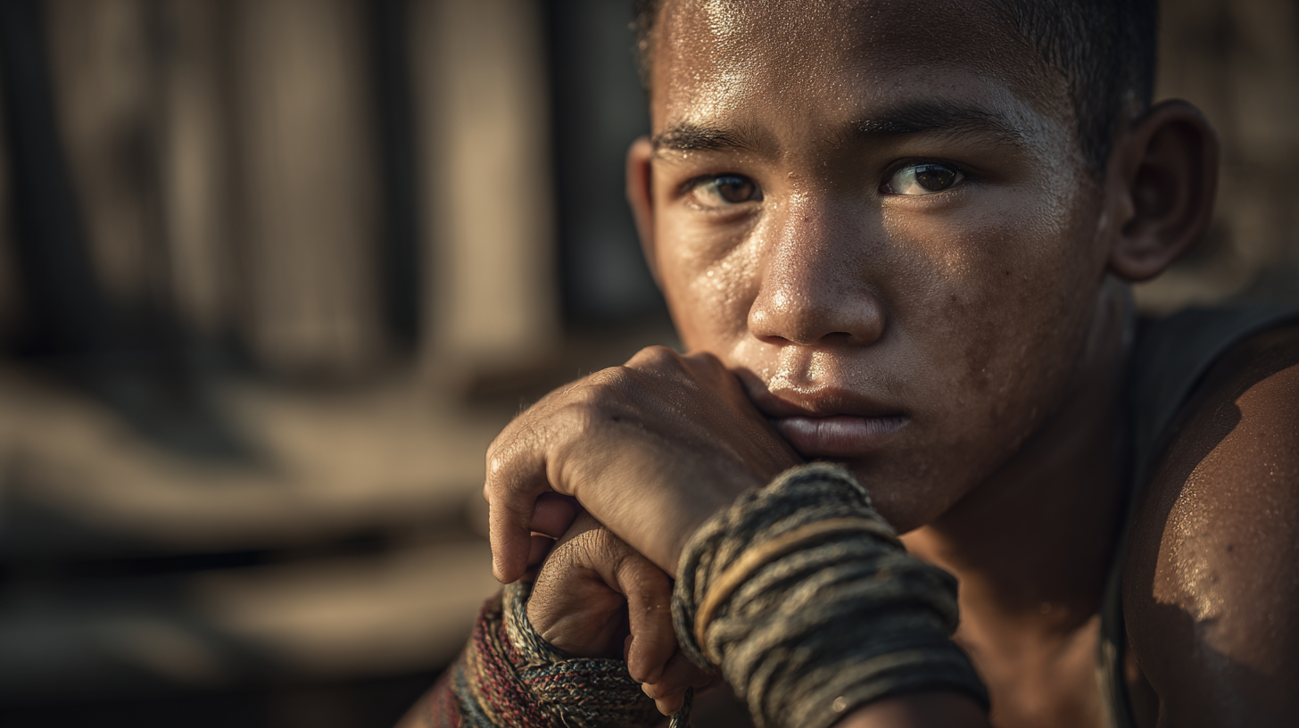 Close-up of a young Muay Thai fighter tying a traditional armband.