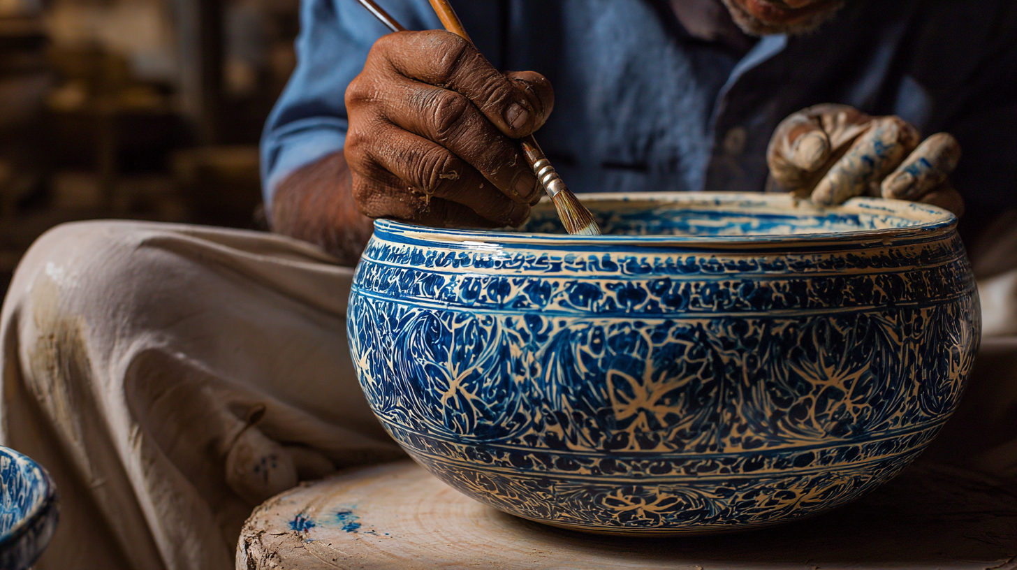 Multani potter painting blue designs onto pottery in a close-up portrait.