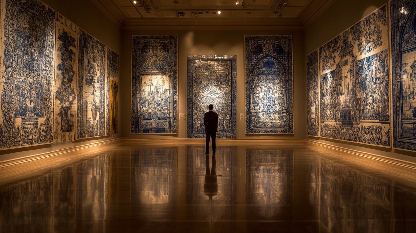 Person observing azulejo panels inside a historical museum.