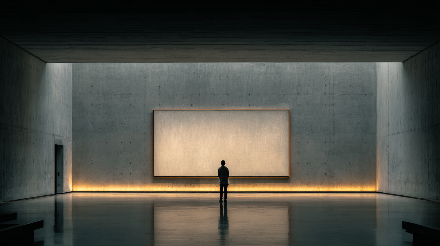 Visitor standing before a large painting in a modern art museum.