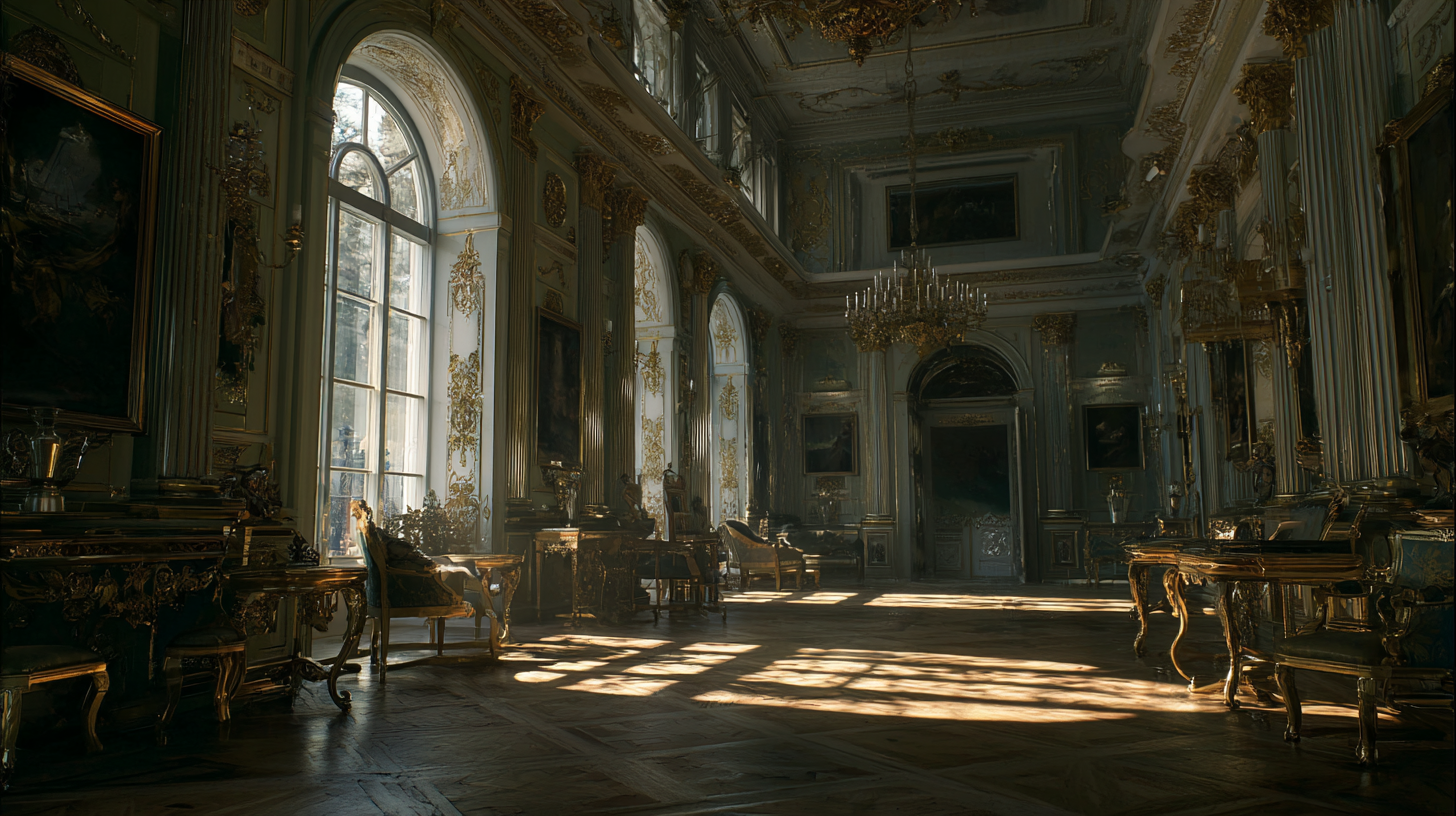 Sunlit palace museum interior with ornate furnishings.