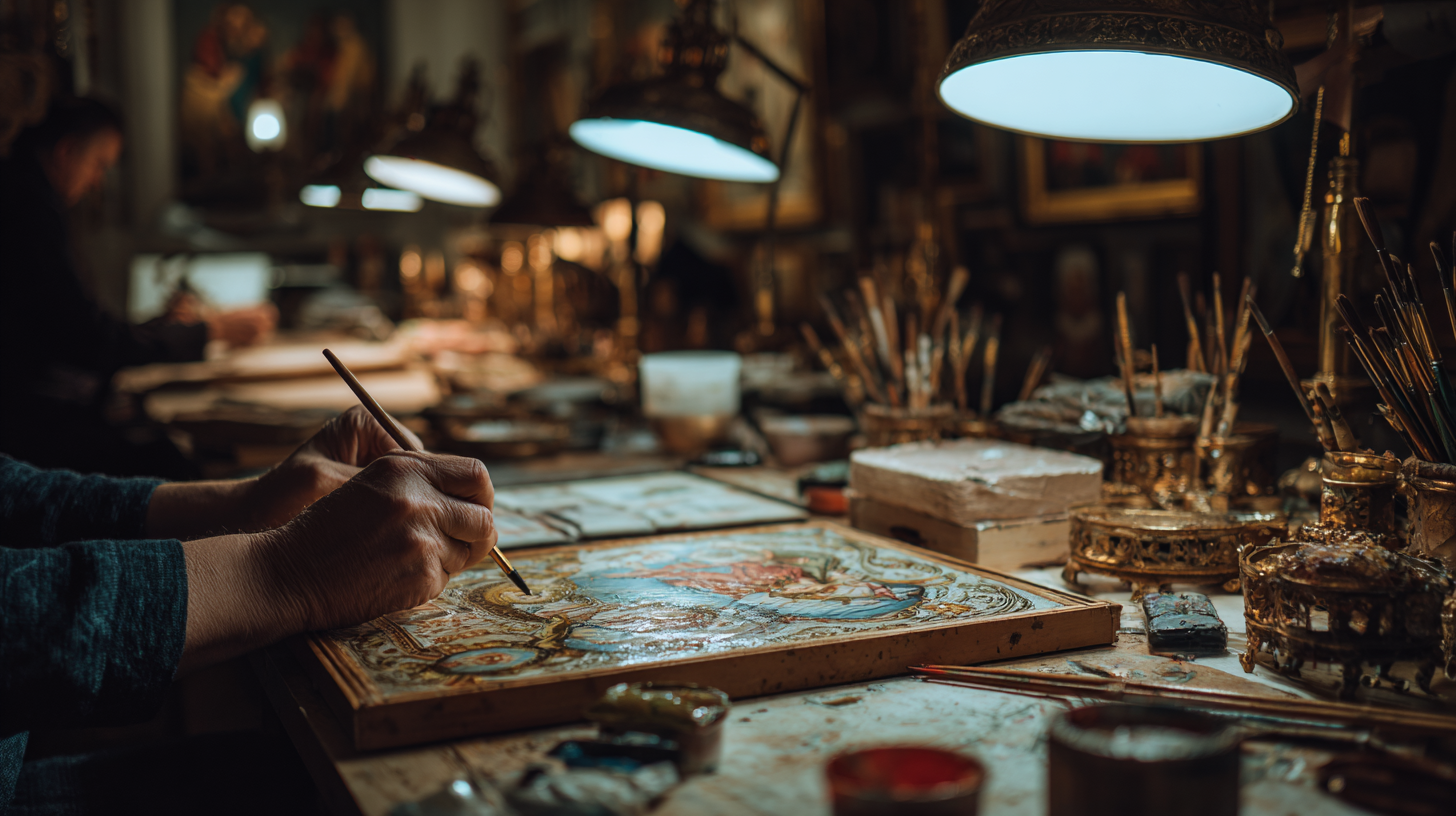 Restorers working on an artwork in a museum studio.