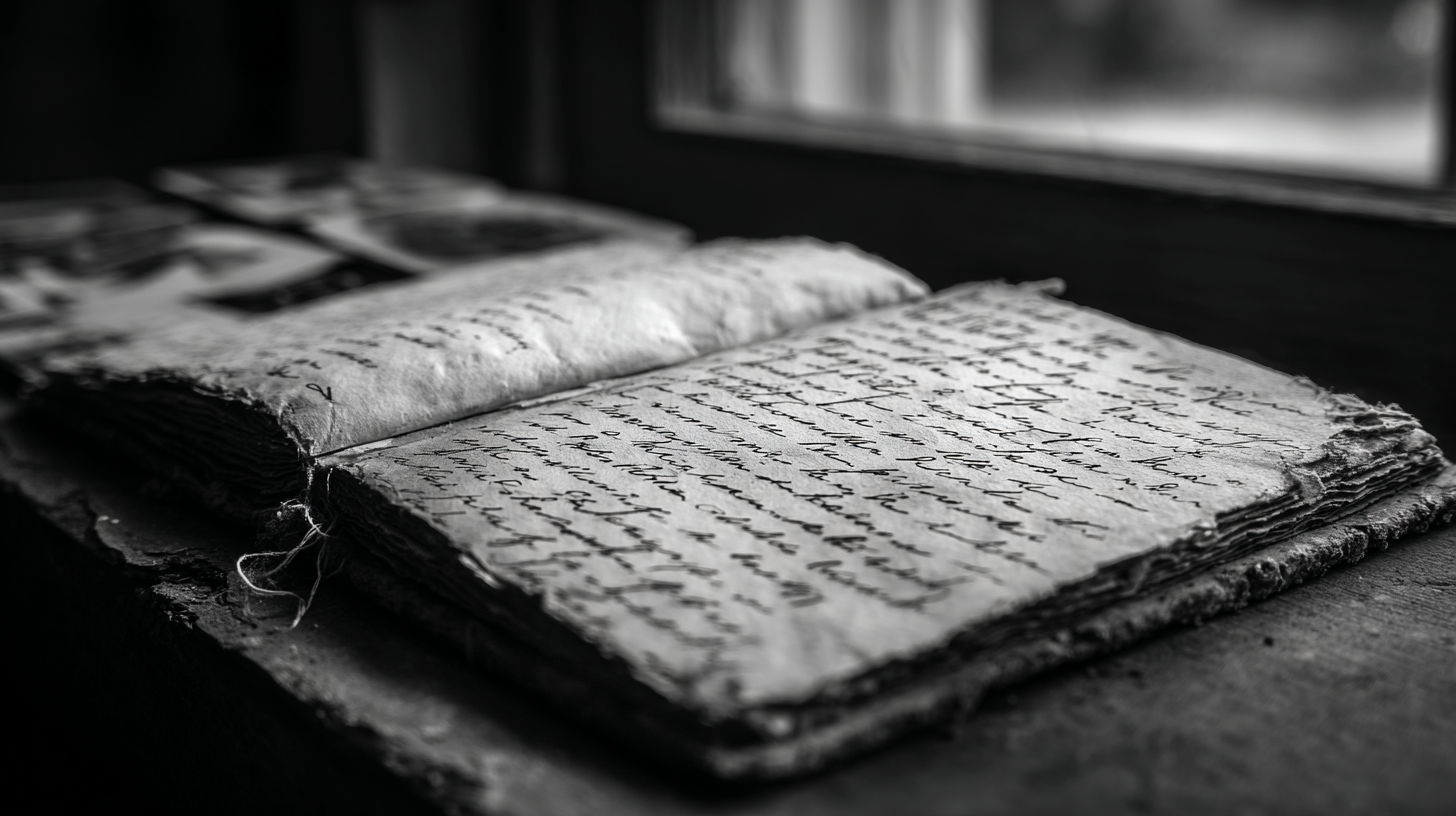 Close-up of an old diary or photographs in a small museum.