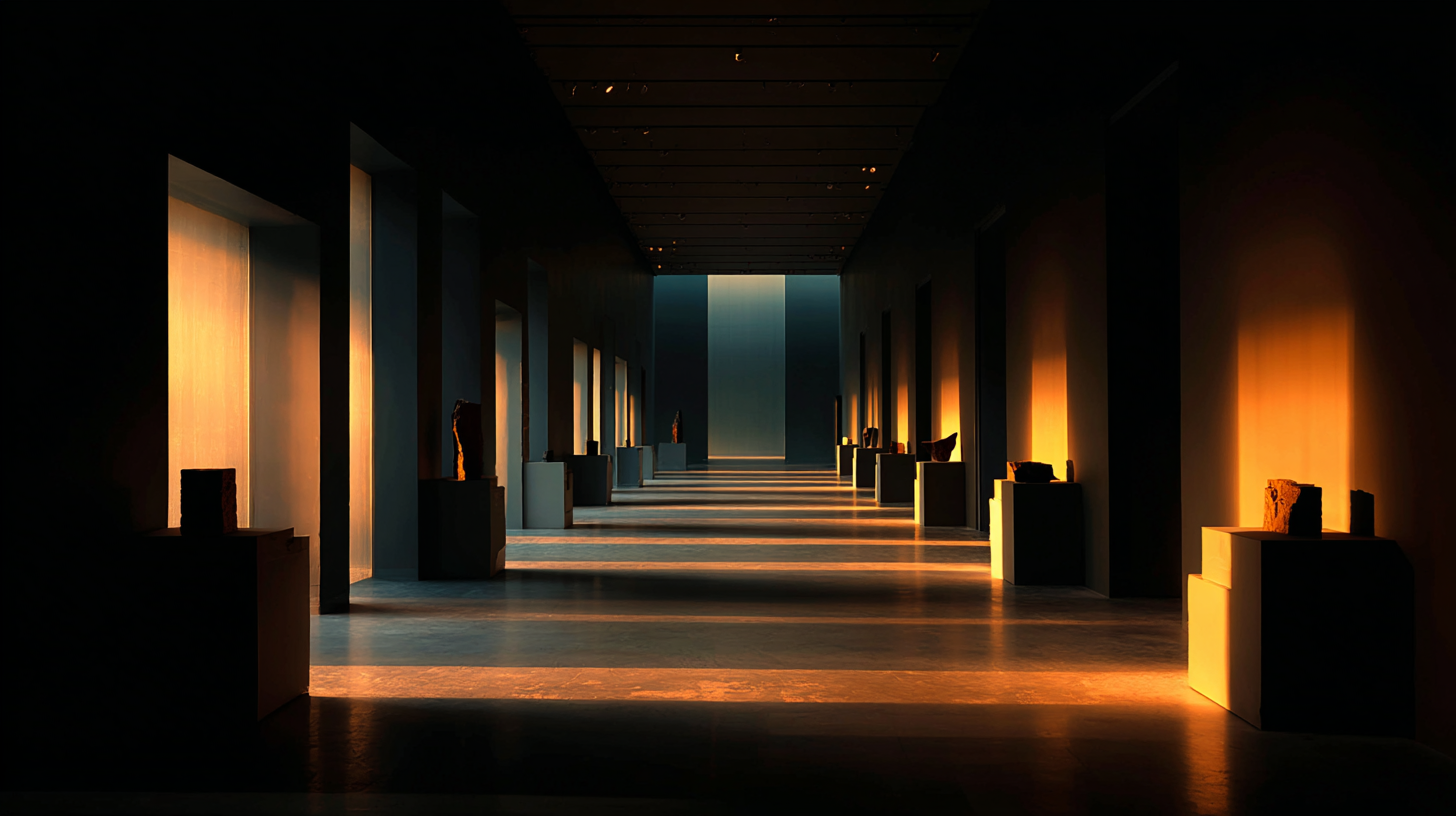 Quiet museum corridor glowing with warm and cool light.