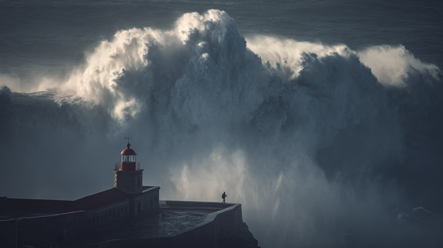 Massive wave breaking near Nazaré lighthouse with surfer riding it.
