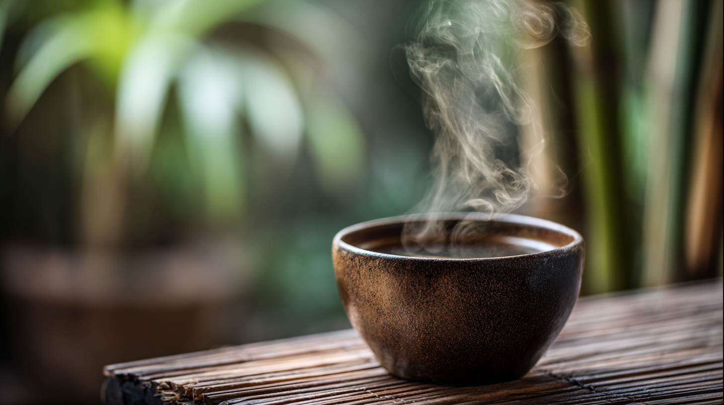 Close-up of steaming herbal tea with soft bamboo background.