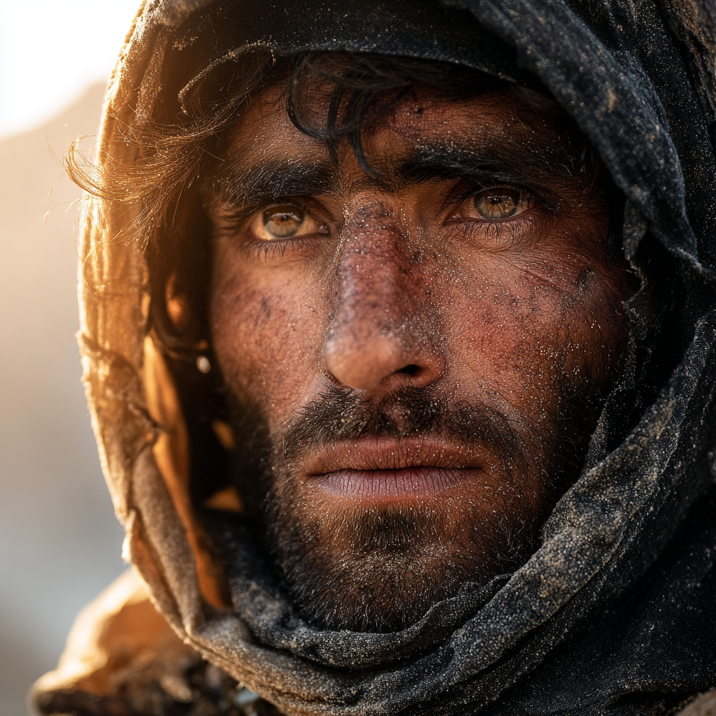 Close-up portrait of a Pakistani trekker with mountains softly blurred behind.