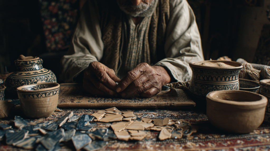 Close-up portrait of a Pakistani artisan surrounded by traditional crafts.