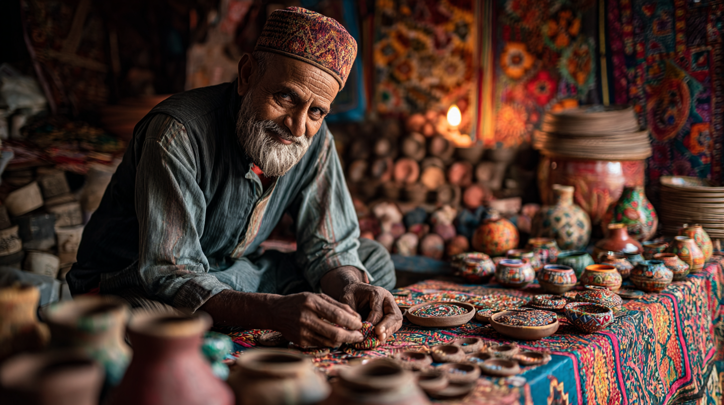 Artisan in a Pakistani bazaar arranging traditional crafts.