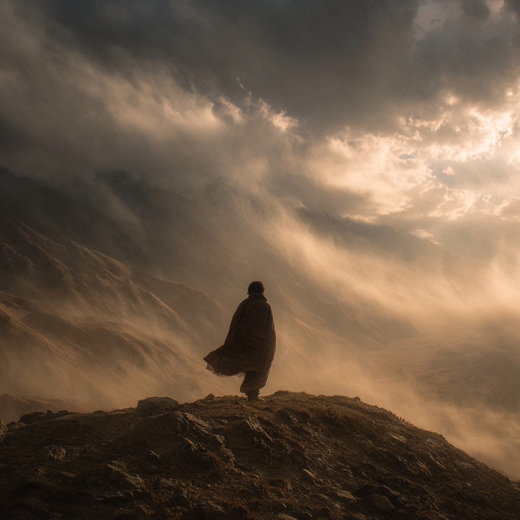 A traveler standing on a high ridge above clouds in Pakistan’s mountains.