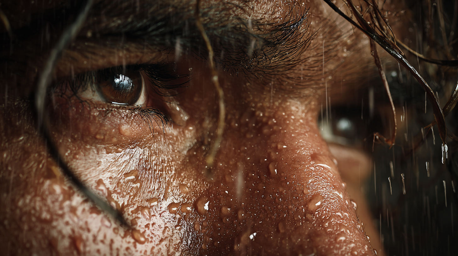 Close-up of a person feeling monsoon rain on their face.