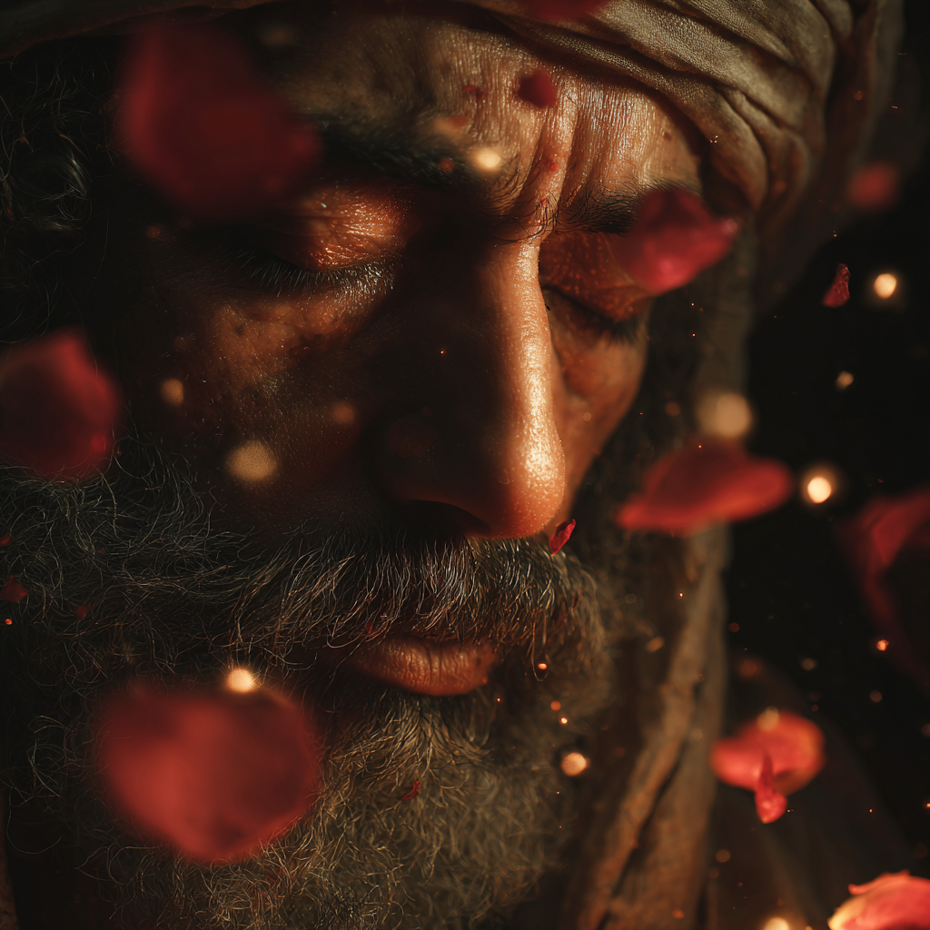 Close-up of a Sufi devotee surrounded by rose petals and soft light.