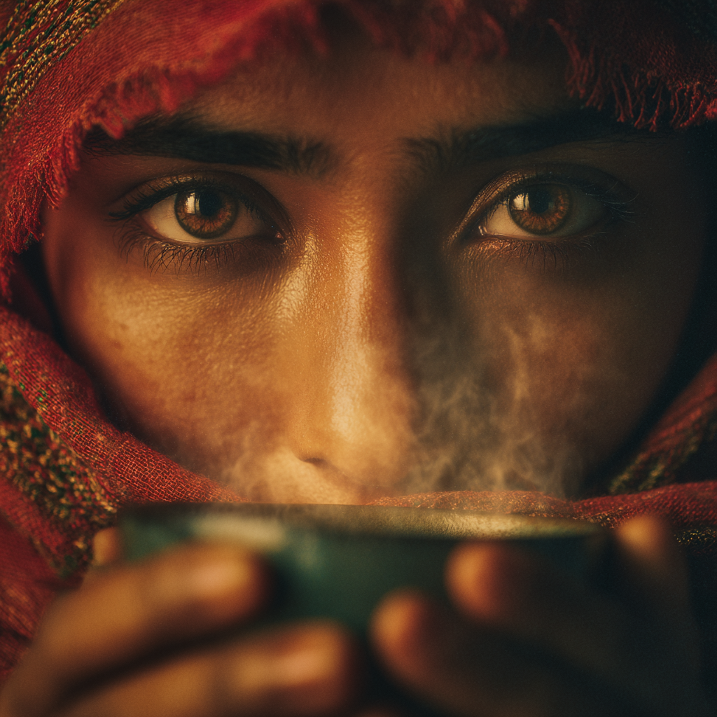 Close-up of a person holding a steaming cup of chai.