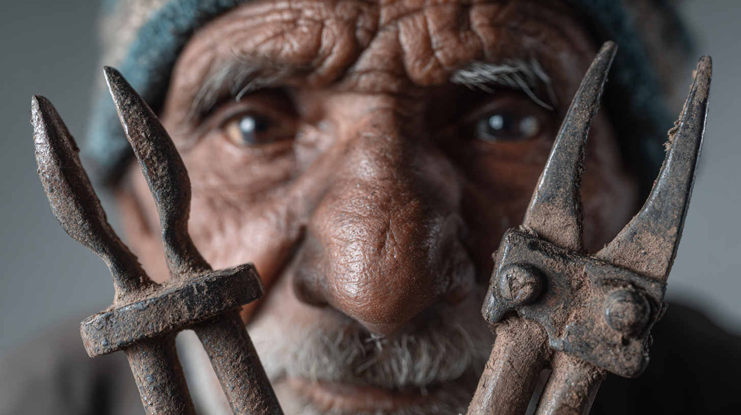 Elder Pakistani artisan holding traditional crafting tools.