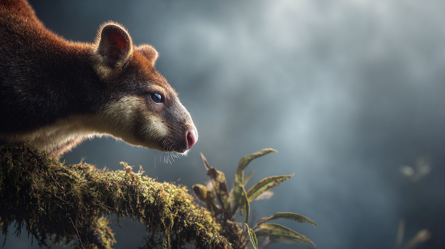 Close-up of a tree kangaroo on a mossy branch.