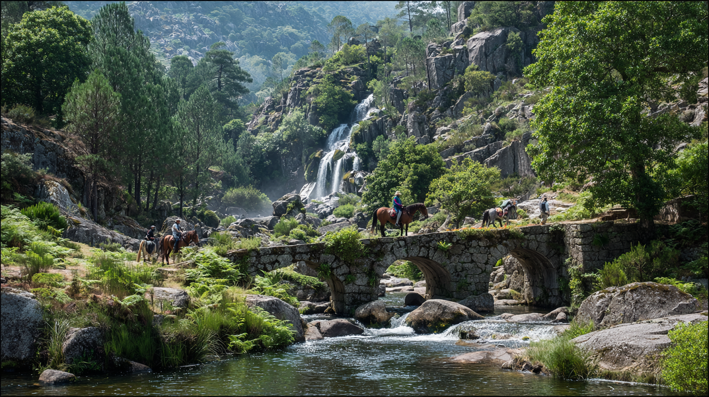 Hikers crossing a stone bridge in Peneda-Gerês National Park.