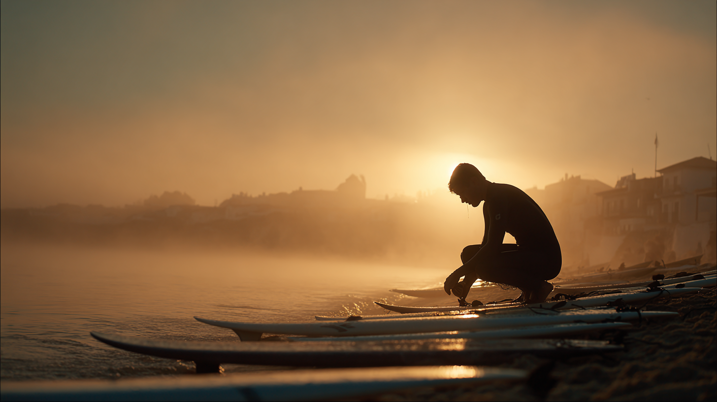Portugal’s surfing culture captured at sunset on the Atlantic coast.