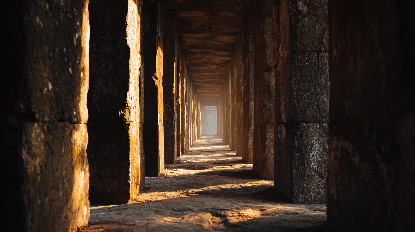 Close-up of aligned doorframes illuminated by sunrise.