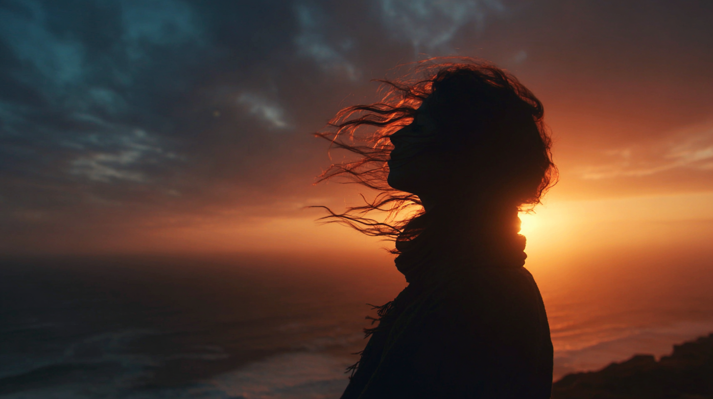 Silhouette of a person on a cliff overlooking the Atlantic at sunset.