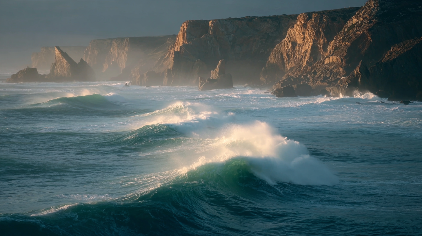 Waves crashing against cliffs on Portugal’s Atlantic coast.